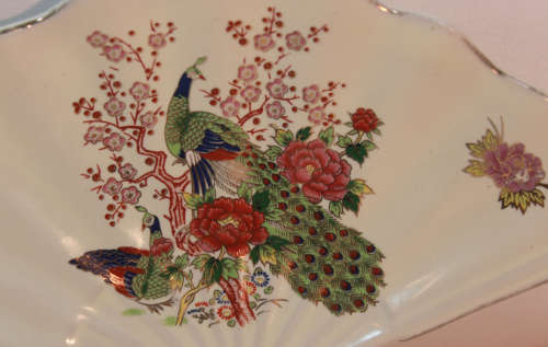 Japanese Fan Porcelain Trinket Dish `Peacock and Hen`