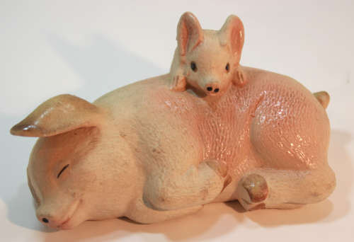 Sleeping Pig and Piglet Playing Ceramic Ornament