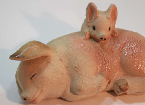 Sleeping Pig and Piglet Playing Ceramic Ornament