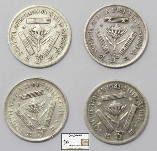 South Africa 3 Pence 1941 Tickeys (Four Coins) Circulated