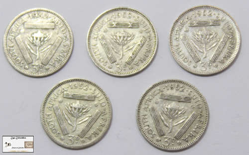 South Africa 3 Pence 1952 Coin (Five) VF20