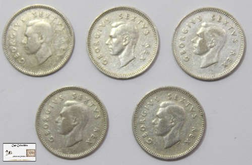South Africa 3 Pence 1952 Coin (Five) VF20