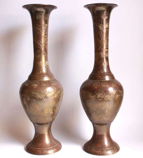 Vintage Pair of Engraved Tall Copper Footed Vases