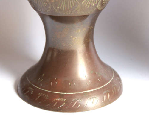Vintage Pair of Engraved Tall Copper Footed Vases