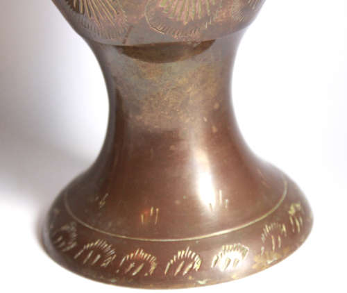 Vintage Pair of Engraved Tall Copper Footed Vases