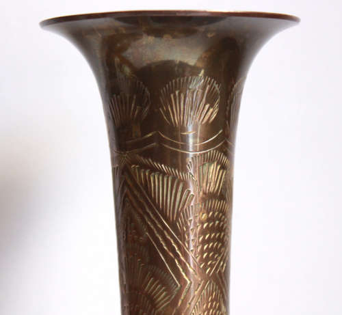 Vintage Pair of Engraved Tall Copper Footed Vases