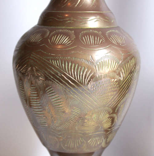 Vintage Pair of Engraved Tall Copper Footed Vases