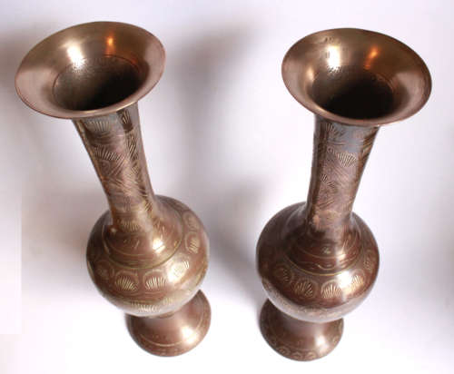 Vintage Pair of Engraved Tall Copper Footed Vases