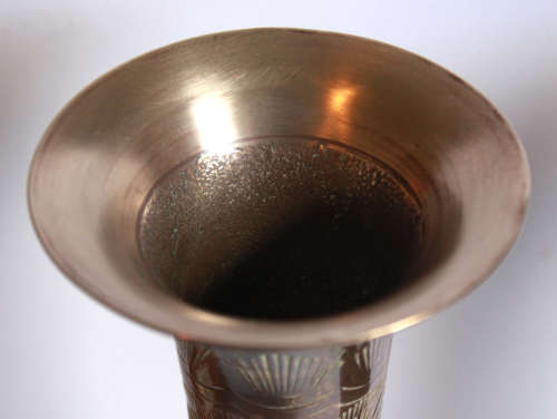 Vintage Pair of Engraved Tall Copper Footed Vases