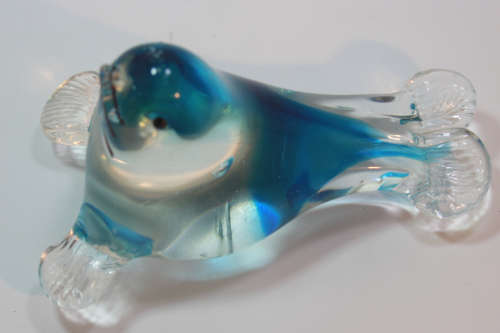 Playful Baby Seal Glass Ornament in Blue