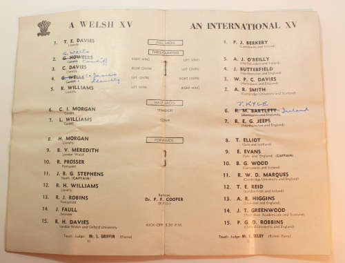 A Welsh XV vs International XV Cardiff Arms 6th April 1957 Official Programme Signed by WH Clement