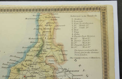 Framed Map of Cornwall by Thomas Moulle 1850