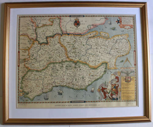 Saxton`s Map of Kent, Sussex, Surrey and Middlesex 1575 Framed Map British Museum Print