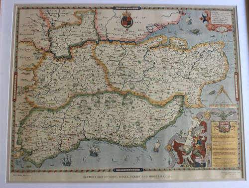 Saxton`s Map of Kent, Sussex, Surrey and Middlesex 1575 Framed Map British Museum Print