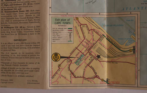 Vintage Folded AA Road Map Day Drives From Cape Town 1965