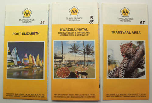 Three Vintage Folded AA Road Maps PE 1992/KZN Coast and Hinterland 1995/Transvaal Area 1995