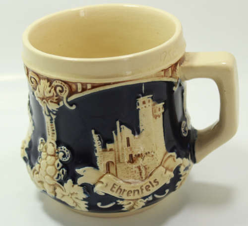 Vintage Wick-Werke Rhein Castles Stoneware Ornamental Mug in Cobalt Blue.