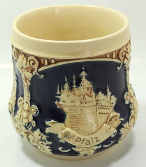 Vintage Wick-Werke Rhein Castles Stoneware Ornamental Mug in Cobalt Blue.
