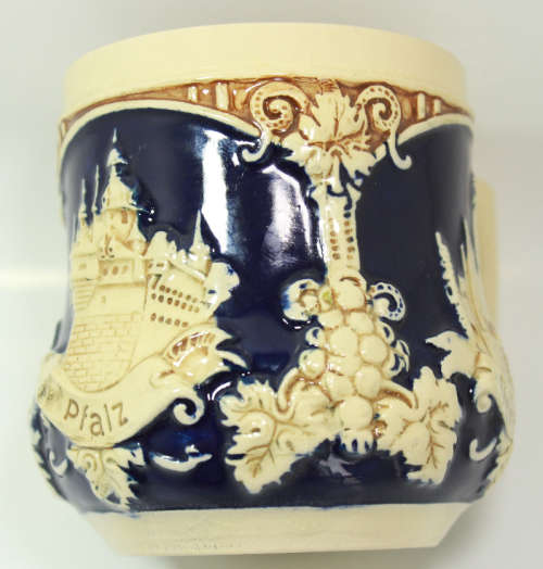 Vintage Wick-Werke Rhein Castles Stoneware Ornamental Mug in Cobalt Blue.