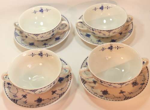 Set of 4 Furnivals Denmark Blue Bouillon Cups and Underplates