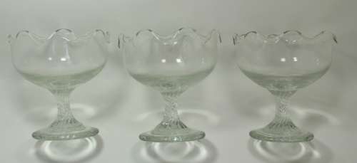 Three Classically Styled Footed Glass Dessert Bowls with Scallop Pattern Edge