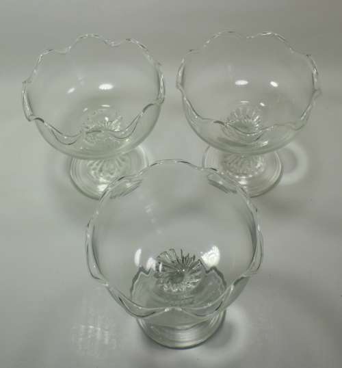 Three Classically Styled Footed Glass Dessert Bowls with Scallop Pattern Edge