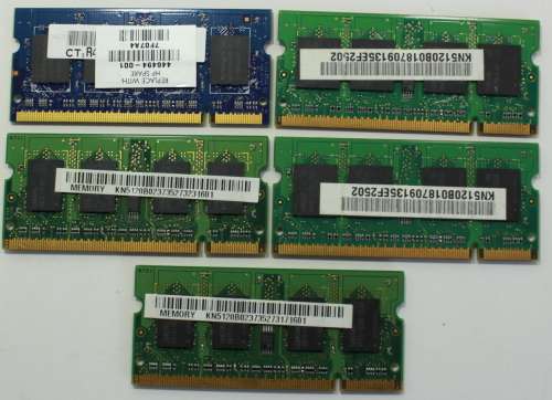 Five Assorted DDR2 512MB PC2 5300 667MHz Legacy Memory Modules for Laptops