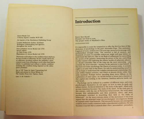 Psychology, A Dictionary Of The Mind, Brain and Behaviour by Dr Chris Evans Softcover Book