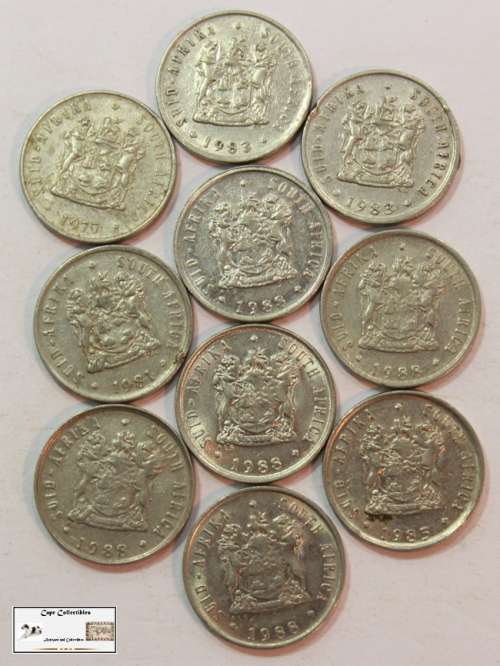 South Africa 5 Cent Coin 1977/1981/1983x2/1985/1988x5/ (Ten Coins) Circulated