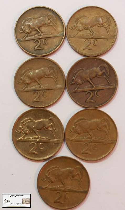 South Africa 2 Cent 1965/1979/1983x2/1984/1988/1986 (Seven) Coins EF40 Circulated