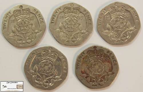 United Kingdom 20 Pence 1987x2, 1988, 1989, 1990 (Five Coins) Circulated