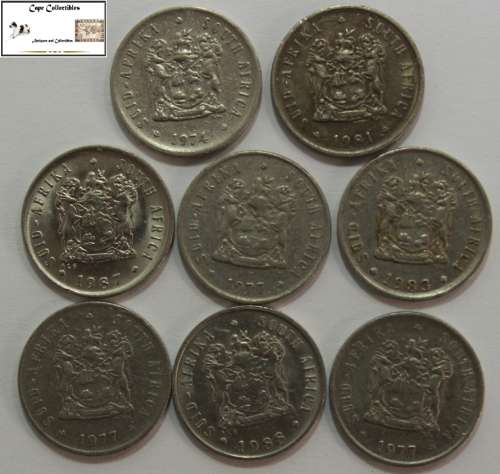 South Africa 5 Cent Coin 1974/1977x3/1981/1983/1987/1988 (Eight) Coins VF20 Circulated
