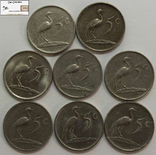 South Africa 5 Cent Coin 1974/1977x3/1981/1983/1987/1988 (Eight) Coins VF20 Circulated