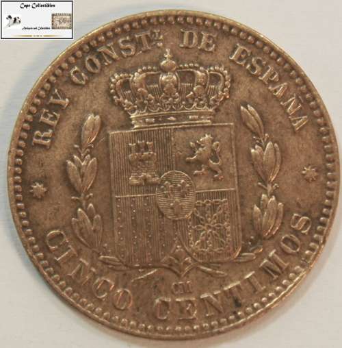 Spain 5 Centimos Coin 1879 Alfonso XII Circulated