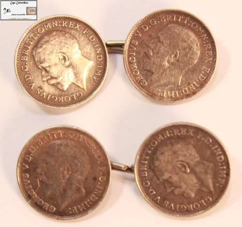 United Kingdom George V 1918 3 Pence Coins as Cufflinks (Two Pairs) Circulated