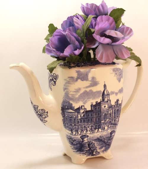Repurposed Vintage Porcelain Teapot with Images of St James Includes Flowers