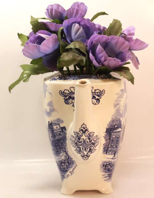Repurposed Vintage Porcelain Teapot with Images of St James Includes Flowers
