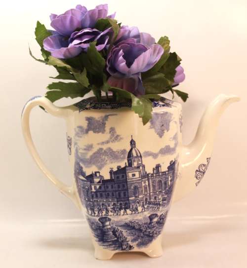 Repurposed Vintage Porcelain Teapot with Images of St James Includes Flowers