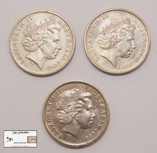Australia 10 Cent Coin 2005 and 2006x2 (Three Coins) XF40 Circulated