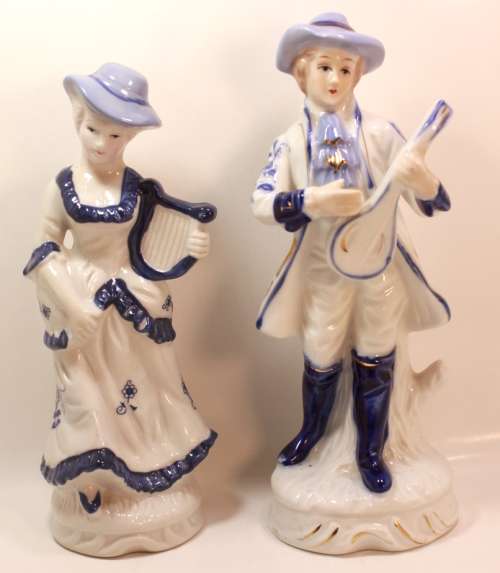 Pair of Figurines Lute Player and Angel Harp Player