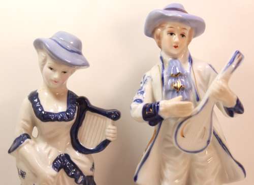 Pair of Figurines Lute Player and Angel Harp Player