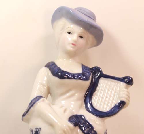 Pair of Figurines Lute Player and Angel Harp Player