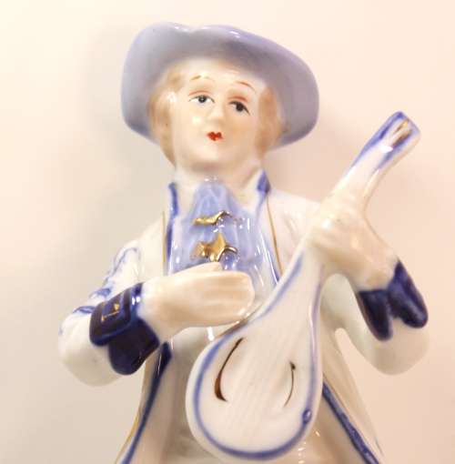 Pair of Figurines Lute Player and Angel Harp Player