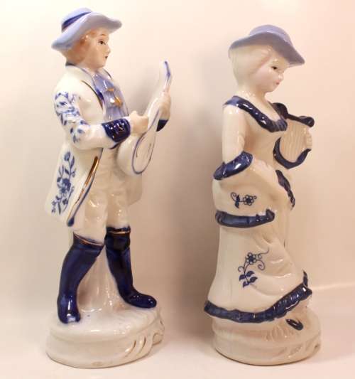 Pair of Figurines Lute Player and Angel Harp Player