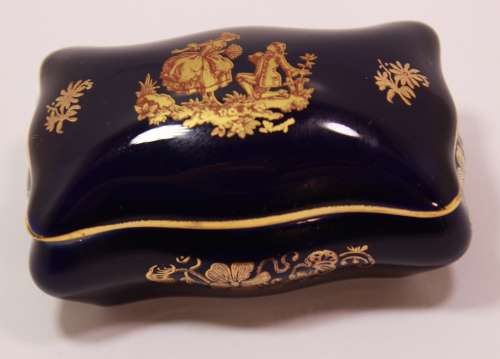 Small Limoges Trinket Box with Lid Cobalt Blue and 22Carat Gold Decoration