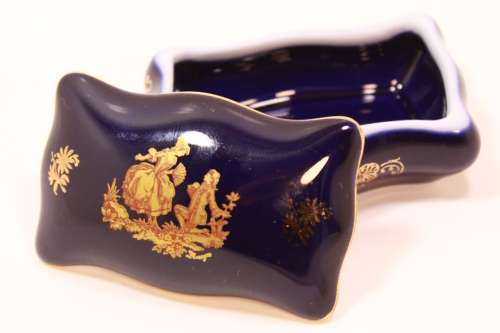 Small Limoges Trinket Box with Lid Cobalt Blue and 22Carat Gold Decoration