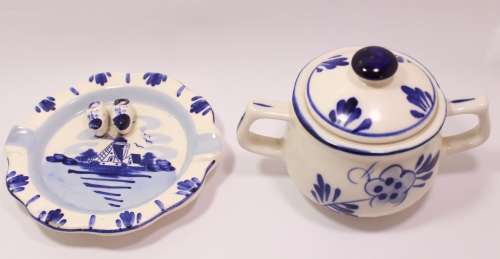 Pair of Delft Porcelain Ornaments, Ashtray and Small Jampot