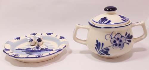 Pair of Delft Porcelain Ornaments, Ashtray and Small Jampot