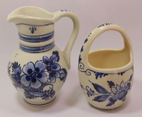 Pair Of Vintage Delft Porcelain Ornaments, Water Pitcher and Fruit Basket
