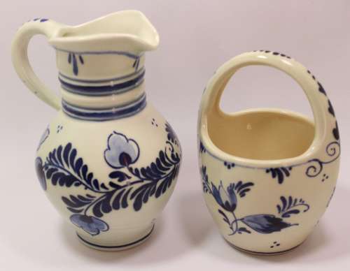 Pair Of Vintage Delft Porcelain Ornaments, Water Pitcher and Fruit Basket